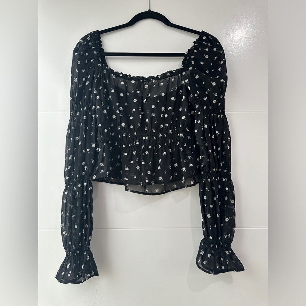 H&M Divided Black Floral Ruffle Long Sleeve Crop Top Festival Outfit |Size S - Picture 11 of 12